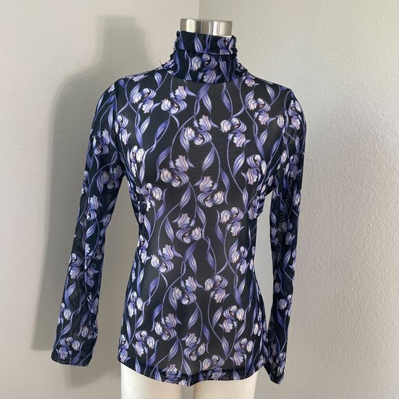 White House Black Market Womens Medium Floral Mesh Turtleneck Top Sheer Shirt - Picture 1 of 9